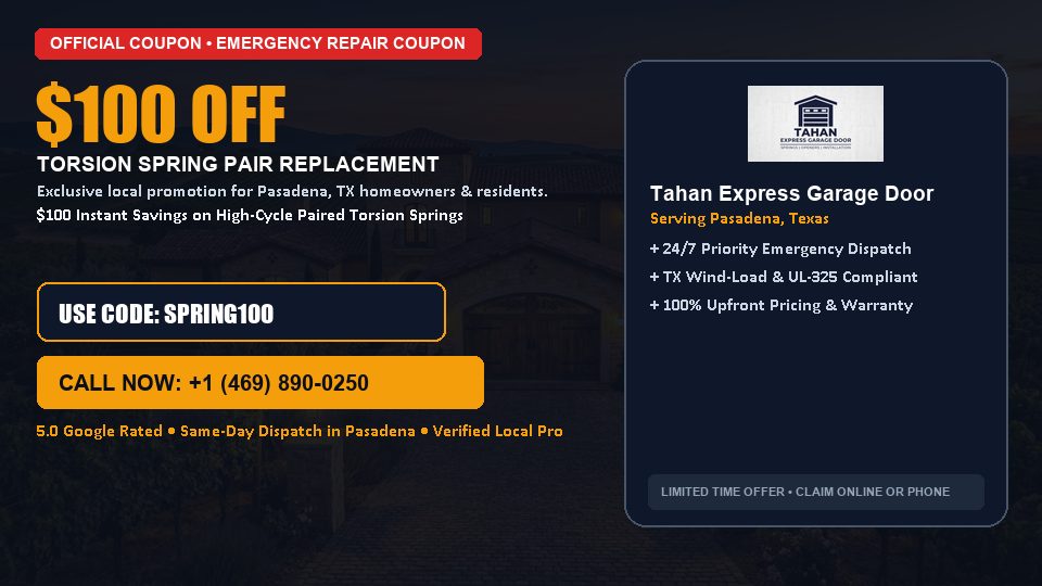 Tahan Express Garage Door $100 OFF Dual Torsion Spring Replacement in Pasadena, TX