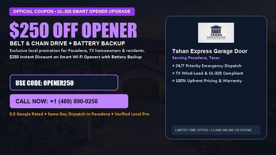 Tahan Express Garage Door $250 OFF Premium LiftMaster Opener Installation in Pasadena, TX